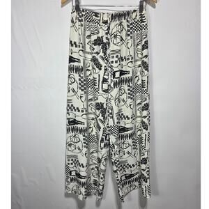 See You Monday Italian Cooking Theme Wide Leg Flowy Cream & Black Pants Size XL